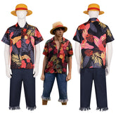 One piece Luffy Cosplay Costume 2023 Luffy Flower Hawaii Shirt Outfit Halloween Suit