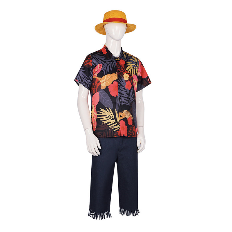 One piece Luffy Cosplay Costume 2023 Luffy Flower Hawaii Shirt Outfit Halloween Suit