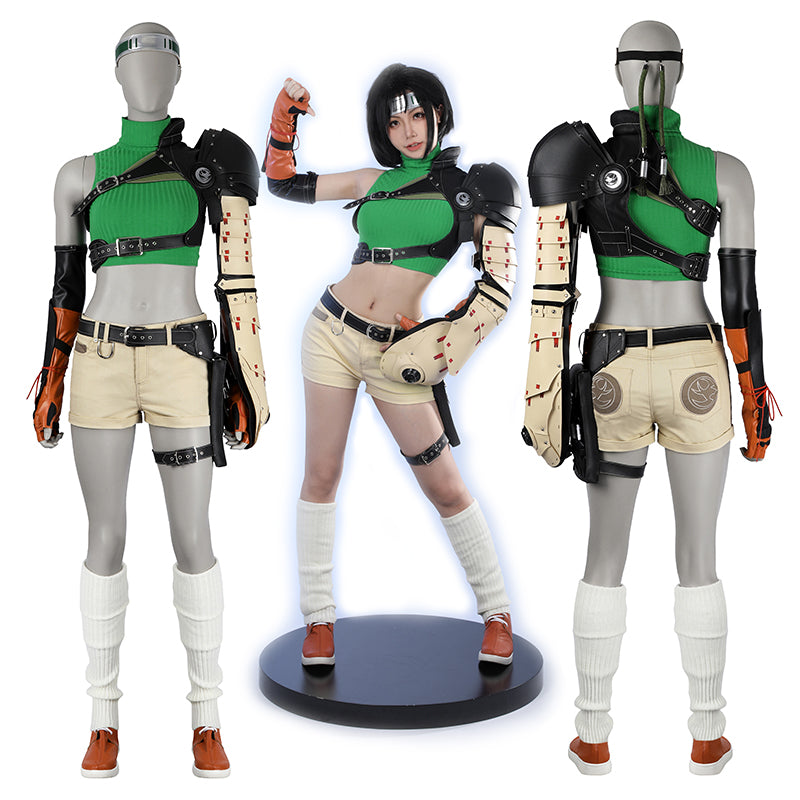 A Yuffie Kisaragi cosplay costume from Final Fantasy, featuring a green and black uniform with white thigh highs, pauldrons, a vest, overcoat, belt, hand guard, sleeves, pants, and boots, displayed on a mannequin.