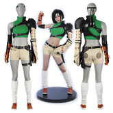 A Yuffie Kisaragi cosplay costume from Final Fantasy, featuring a green and black uniform with white thigh highs, pauldrons, a vest, overcoat, belt, hand guard, sleeves, pants, and boots, displayed on a mannequin.