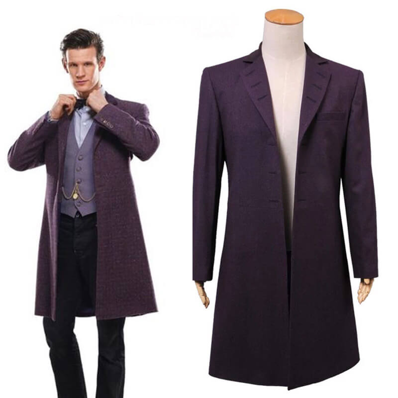 Doctor Who Cosplay Eleventh 11th Doctor Buttonless Purple Wool Frock Coat Costume - ACcosplay