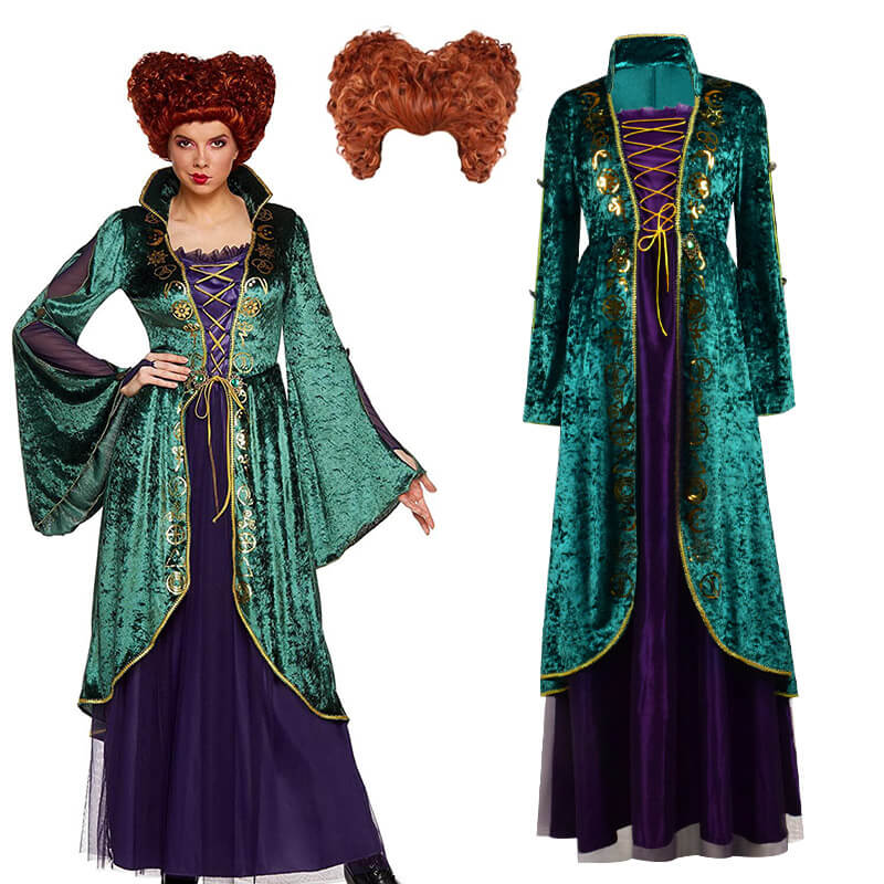 Hocus Pocus Winifred Sanderson Halloween Dress Suit Cosplay Costume Outfit with Wig