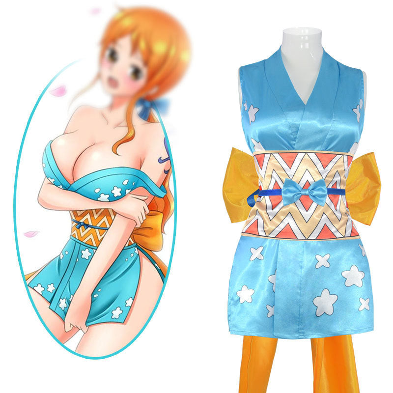 One Piece Nami Cosplay Costume Wanokuni Style Blue Kimono Dress Hallow –  ACcosplay