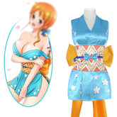 One Piece Nami Cosplay Costume Wanokuni Style Blue Kimono Dress Halloween Outfits