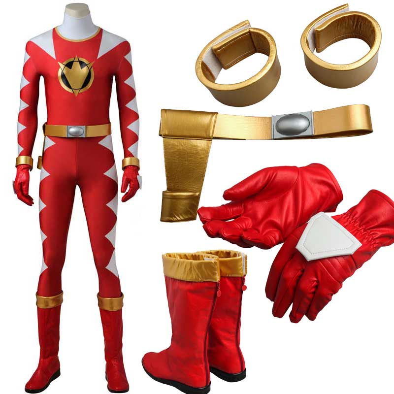 Power Rangers Costume Dino Thunder Red Dino Ranger Onesies Jumpsuit Zentai Bodysuit Boots Cosplay Adult