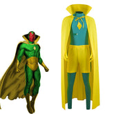 WandaVision Vision Cosplay Costume Men Green Jumpsuit Yellow Cape
