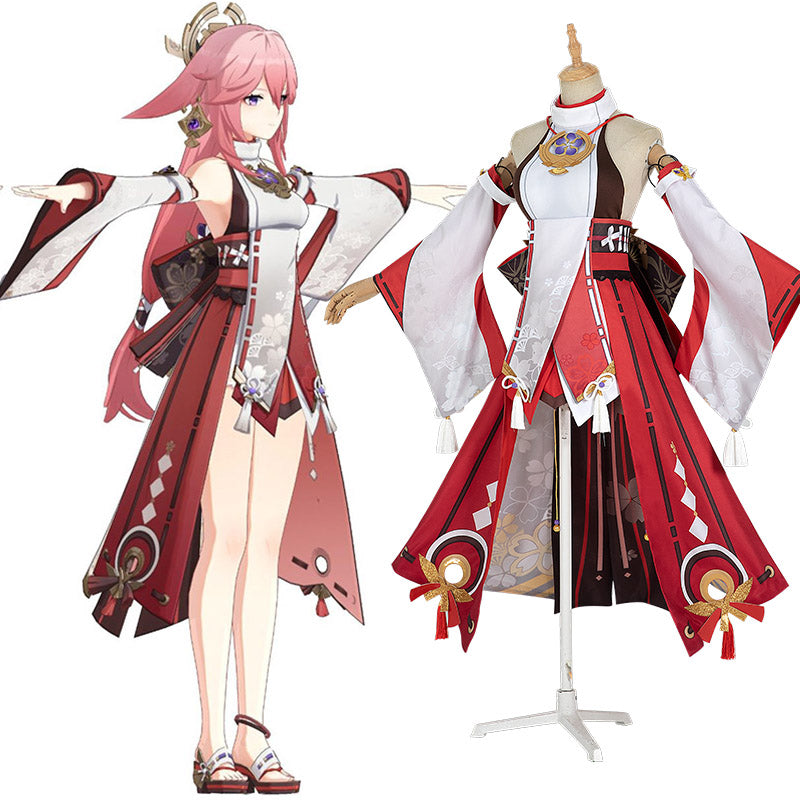 Costume Cosplay Yae Miko Genshin Impact Complet Avec Perruque | Déguisement Anime Rouge Blanc