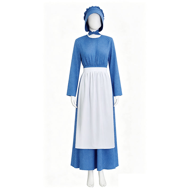Lady Pioneer Girl Cosplay Costume Little House On The Prairie Blue Dress ACcosplay