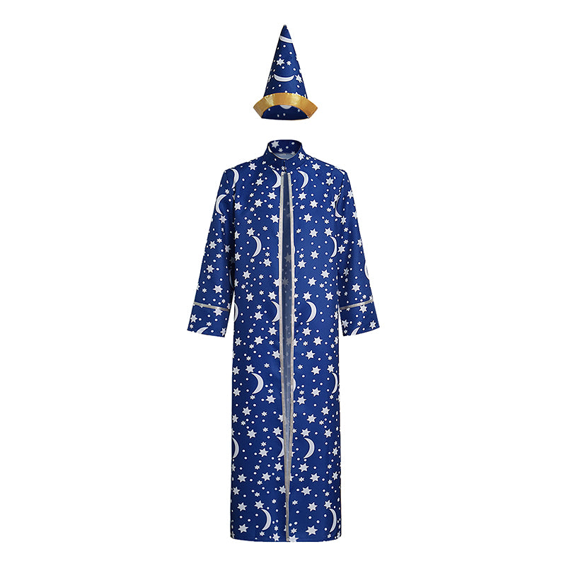 Wizard Blue Robe With Gold Moon Star Print Halloween Wizard Costume Cloak ACcosplay