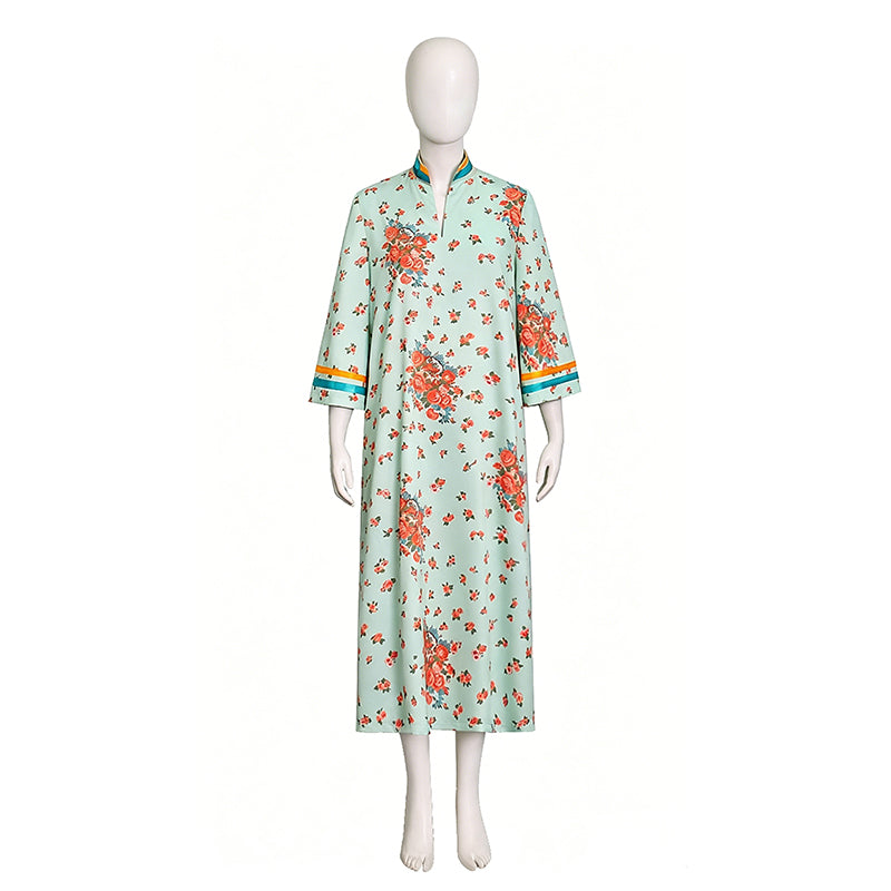 Mrs Roper Cosplay Costume Mint Green Floral Cheongsam Maxi Dress Wig 70s Suit ACcosplay