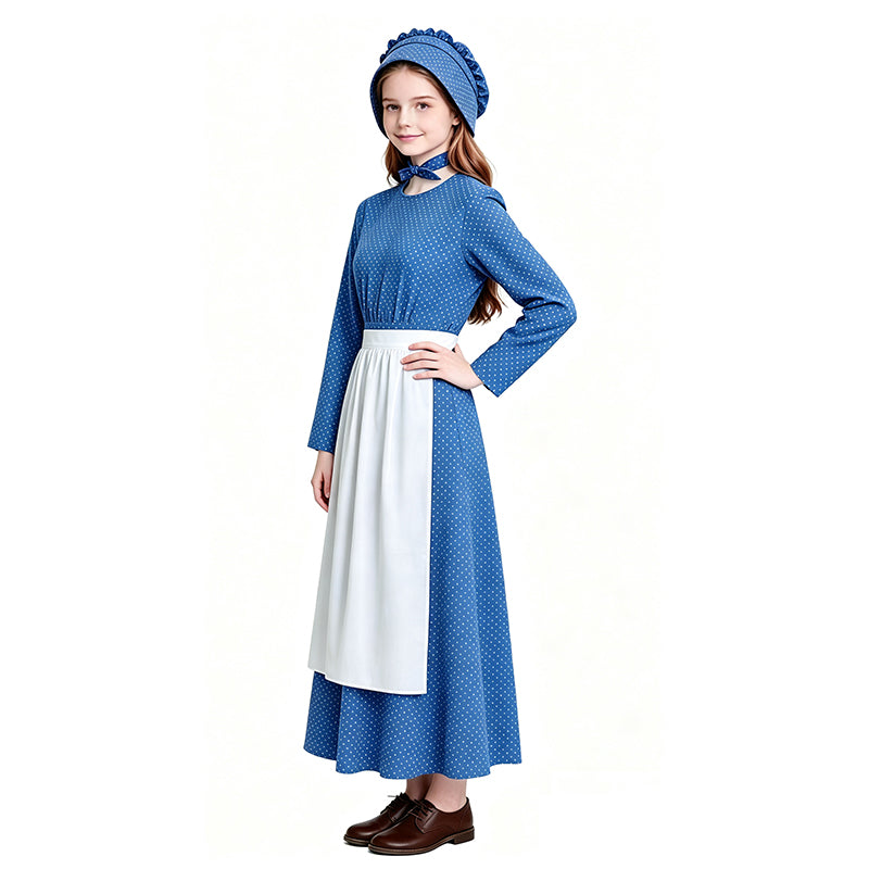 Lady Pioneer Girl Cosplay Costume Little House On The Prairie Blue Dress ACcosplay