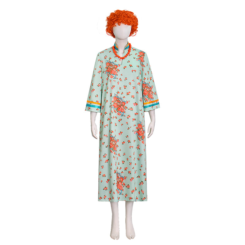 Mrs Roper Cosplay Costume Mint Green Floral Cheongsam Maxi Dress Wig 70s Suit ACcosplay