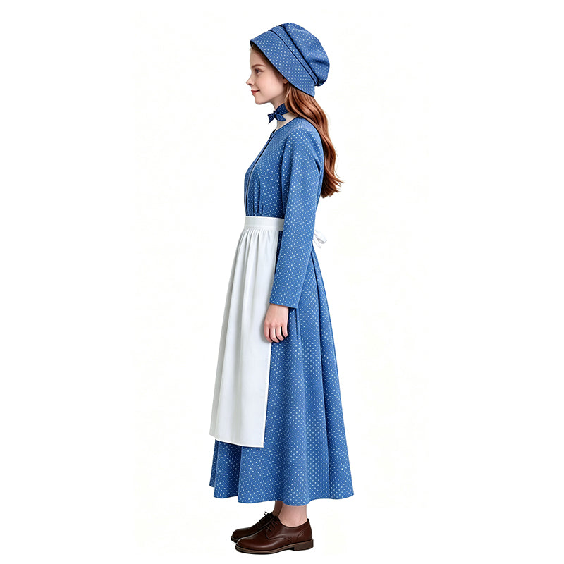 Lady Pioneer Girl Cosplay Costume Little House On The Prairie Blue Dress ACcosplay