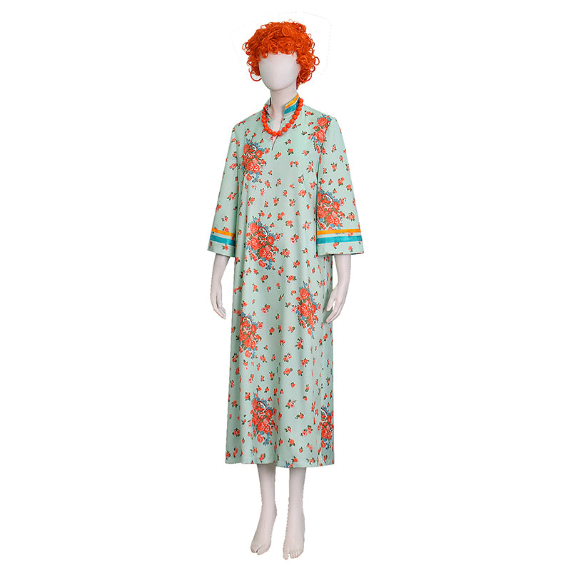 Mrs Roper Cosplay Costume Mint Green Floral Cheongsam Maxi Dress Wig 70s Suit ACcosplay
