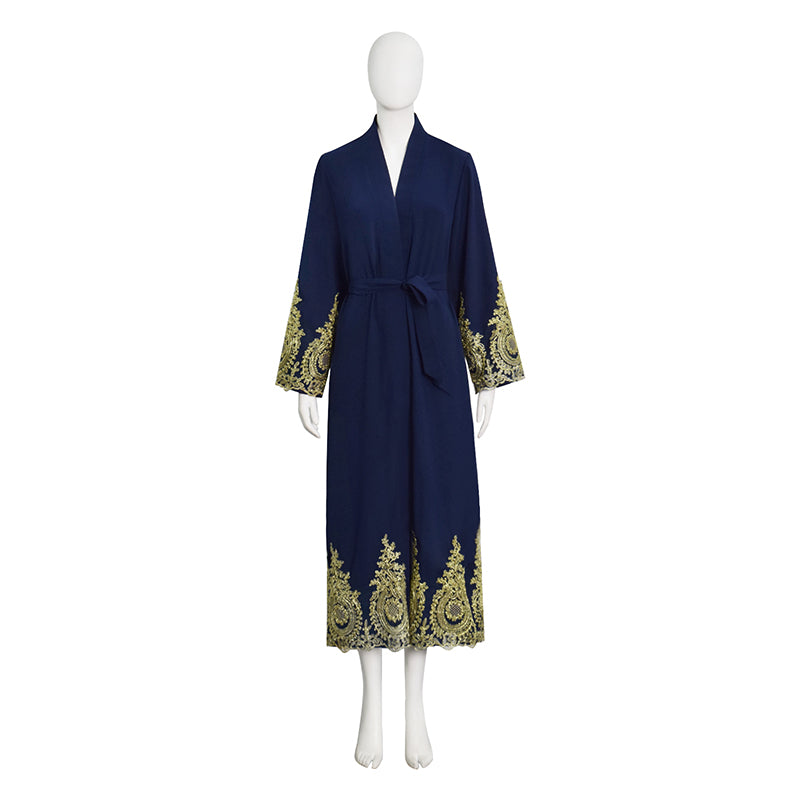 Navy Blue Embroidered Open Abaya Kimono Muslim Women's Modest Dress Accosplay