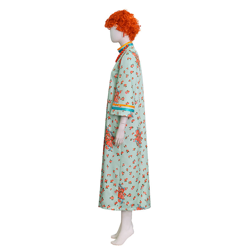 Mrs Roper Cosplay Costume Mint Green Floral Cheongsam Maxi Dress Wig 70s Suit ACcosplay