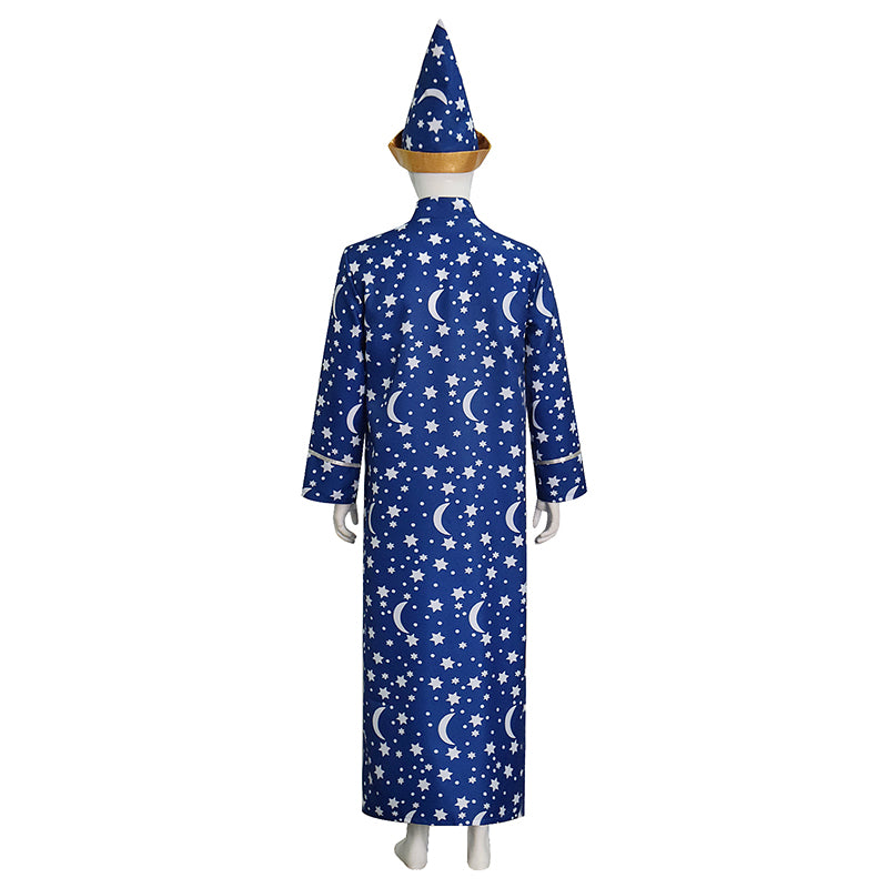 Wizard Blue Robe With Gold Moon Star Print Halloween Wizard Costume Cloak ACcosplay