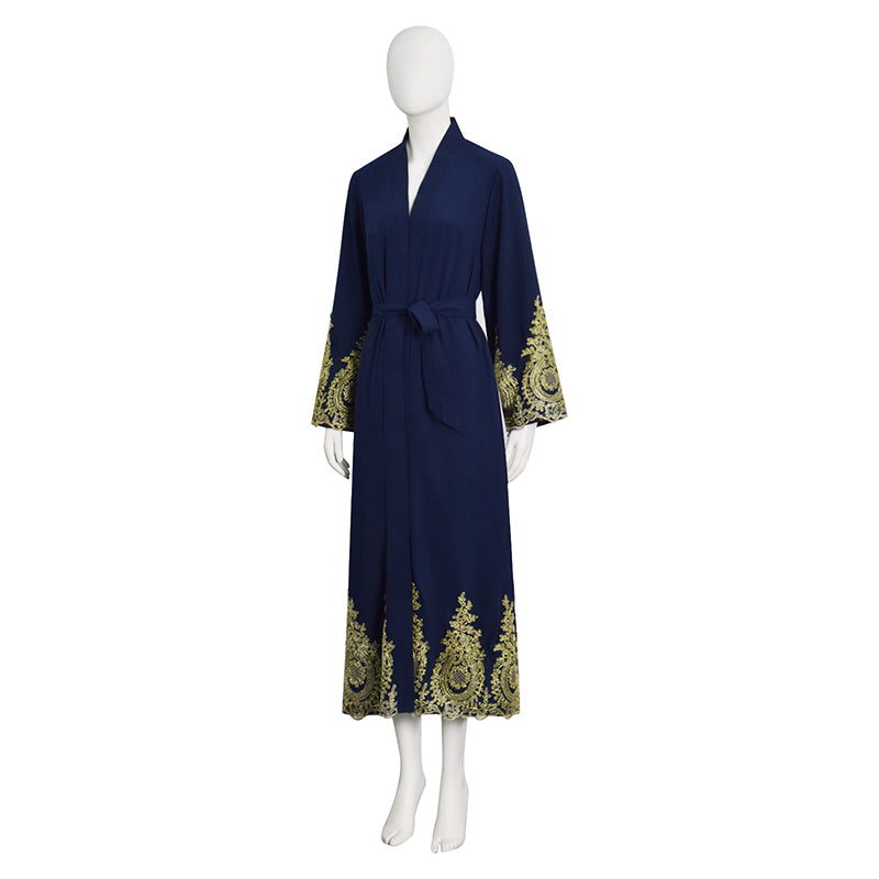 Navy Blue Embroidered Open Abaya Kimono Muslim Women's Modest Dress Accosplay