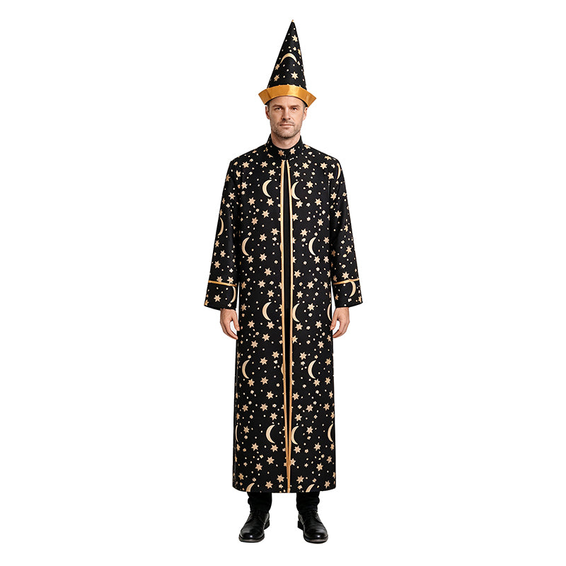 Wizard Robe With Gold Moon Star Print Halloween Wizard Costume Cloak ACcosplay