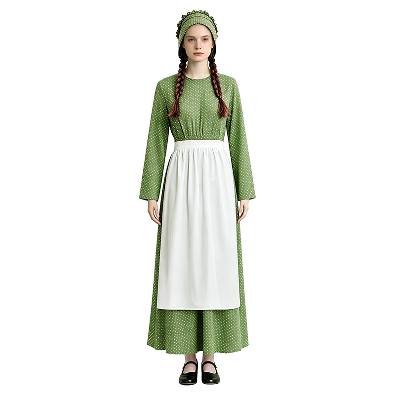 Lady Pioneer Girl Cosplay Costume Little House On The Prairie Green Dress ACcosplay
