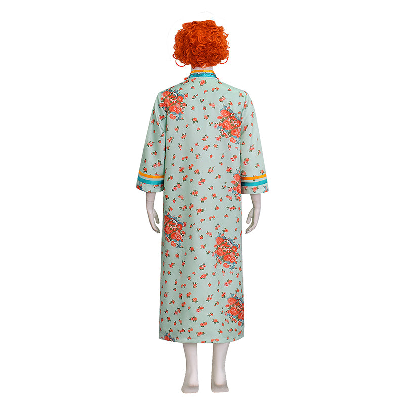 Mrs Roper Cosplay Costume Mint Green Floral Cheongsam Maxi Dress Wig 70s Suit ACcosplay