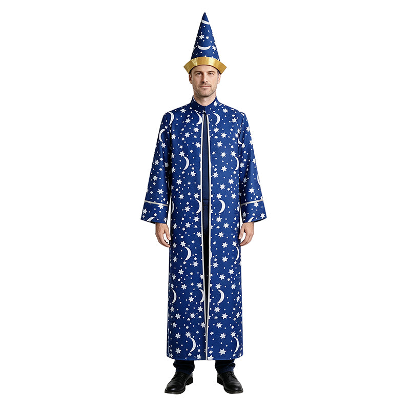 Wizard Blue Robe With Gold Moon Star Print Halloween Wizard Costume Cloak ACcosplay