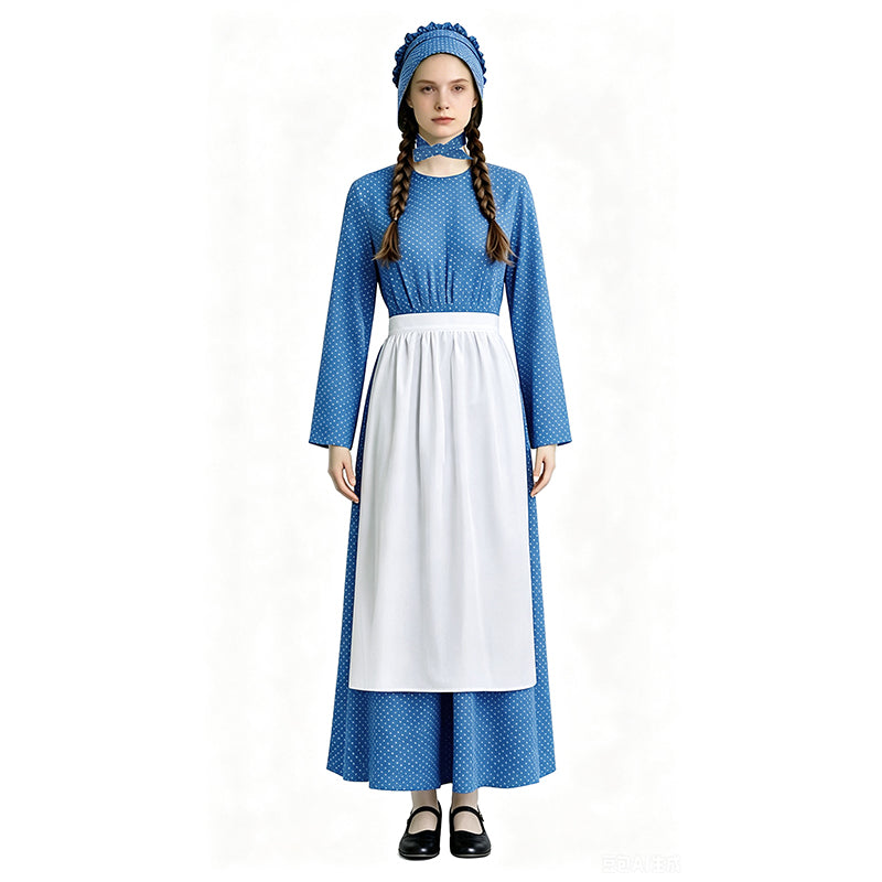 Lady Pioneer Girl Cosplay Costume Little House On The Prairie Blue Dress ACcosplay
