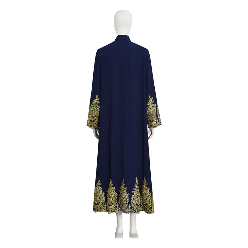 Navy Blue Embroidered Open Abaya Kimono Muslim Women's Modest Dress Accosplay