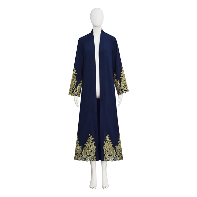 Navy Blue Embroidered Open Abaya Kimono Muslim Women's Modest Dress Accosplay