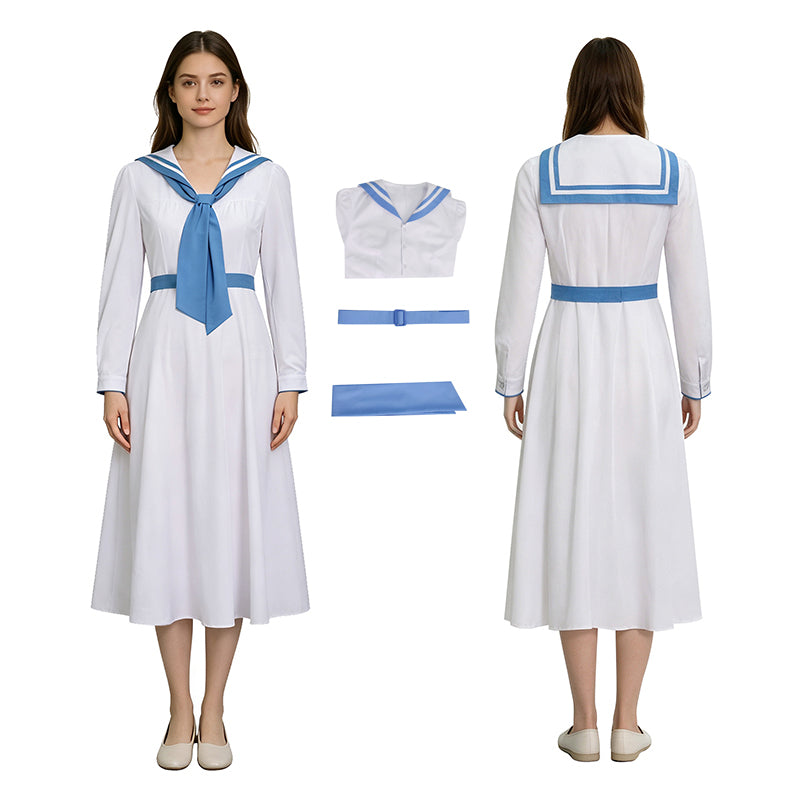Women Vintage Sailor Collar Midi Dress Long Sleeve For Cosplay Party Daily Wear ACcosplay