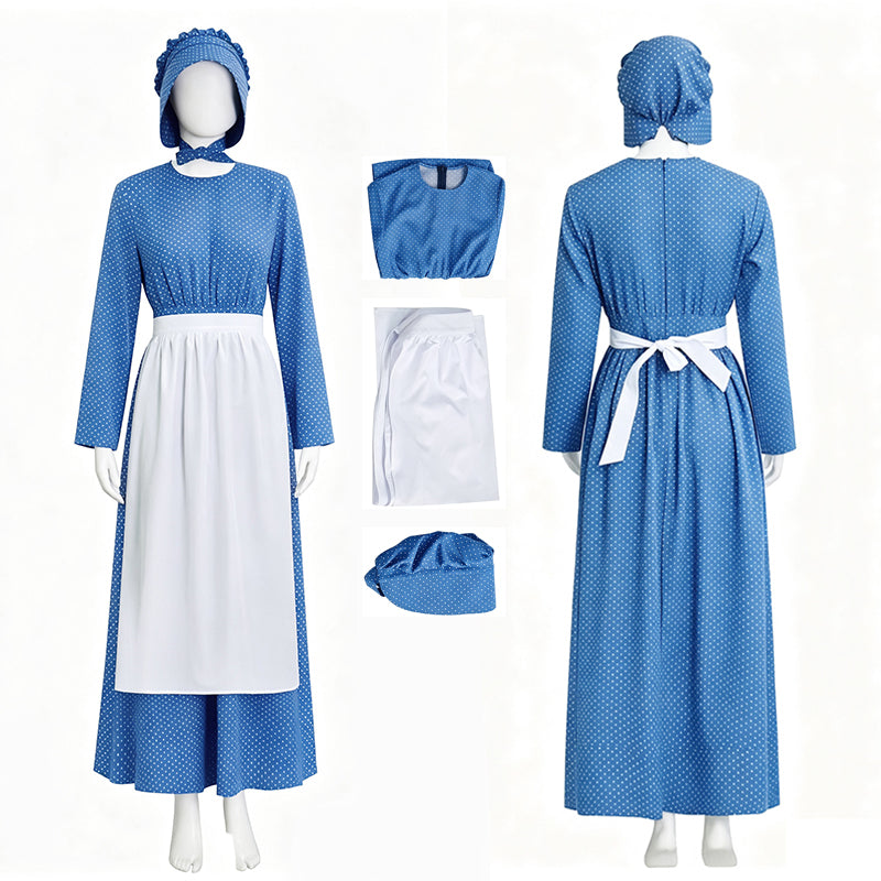 Lady Pioneer Girl Cosplay Costume Little House On The Prairie Blue Dress ACcosplay