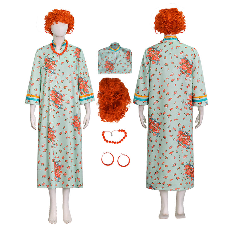 Mrs Roper Cosplay Costume Mint Green Floral Cheongsam Maxi Dress Wig 70s Suit ACcosplay