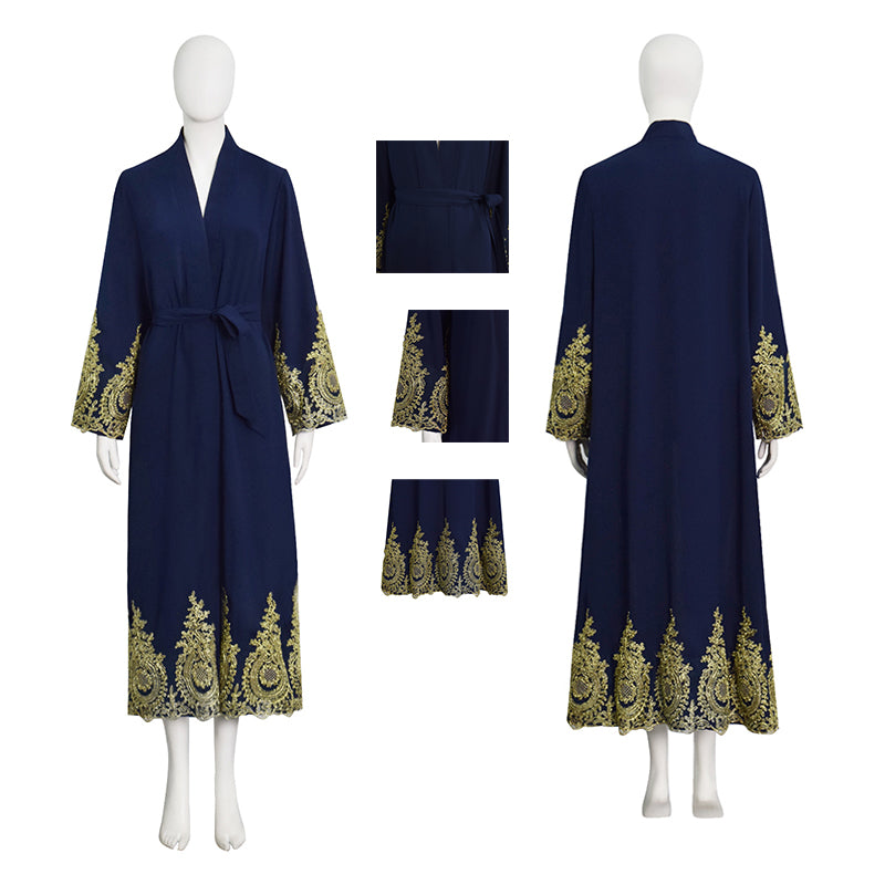 Navy Blue Embroidered Open Abaya Kimono Muslim Women's Modest Dress Accosplay