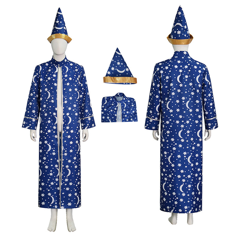 Wizard Blue Robe With Gold Moon Star Print Halloween Wizard Costume Cloak ACcosplay