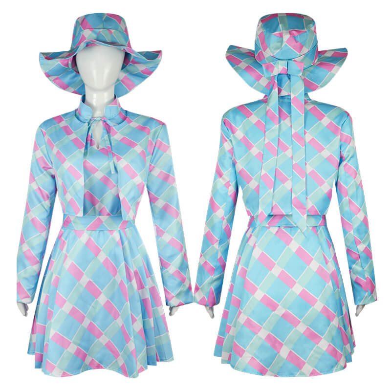 2023 Barbie Movie Margot Robbie Barbie Blue Houndstooth Dress Outfit Cosplay Costume