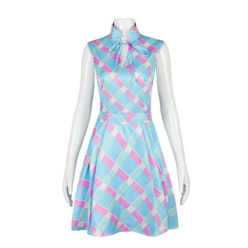 2023 Barbie Movie Margot Robbie Barbie Blue Houndstooth Dress Outfit Cosplay Costume