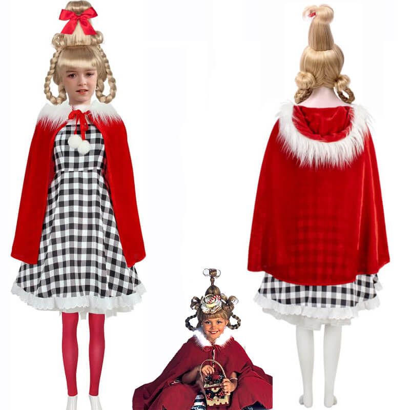 Girls Cindy Lou Who Costume Whoville Dress Cloak Christmas Girls Wig ACcosplay