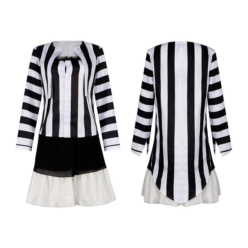lydia deetz black dress Lydia Deetz Dress Beetlejuice Lydia Black White Stripe Cosplay Costume – ACcosplay