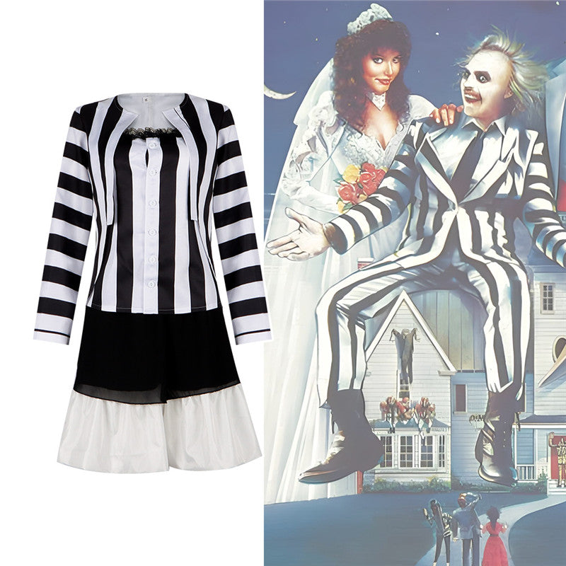 Lydia Deetz Dress Beetlejuice Lydia Black White Stripe Cosplay Costume Halloween Carnival Suit