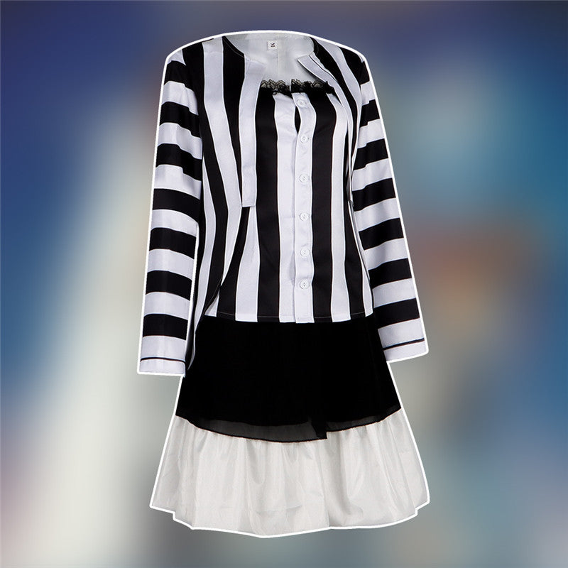 Lydia Deetz Dress Beetlejuice Lydia Black White Stripe Cosplay Costume Halloween Carnival Suit