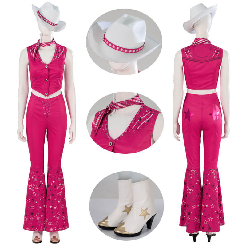 Margot Robbie Hot Pink Barbie Costume Cowgirl Barbie Western Outfit with Hat Top Level