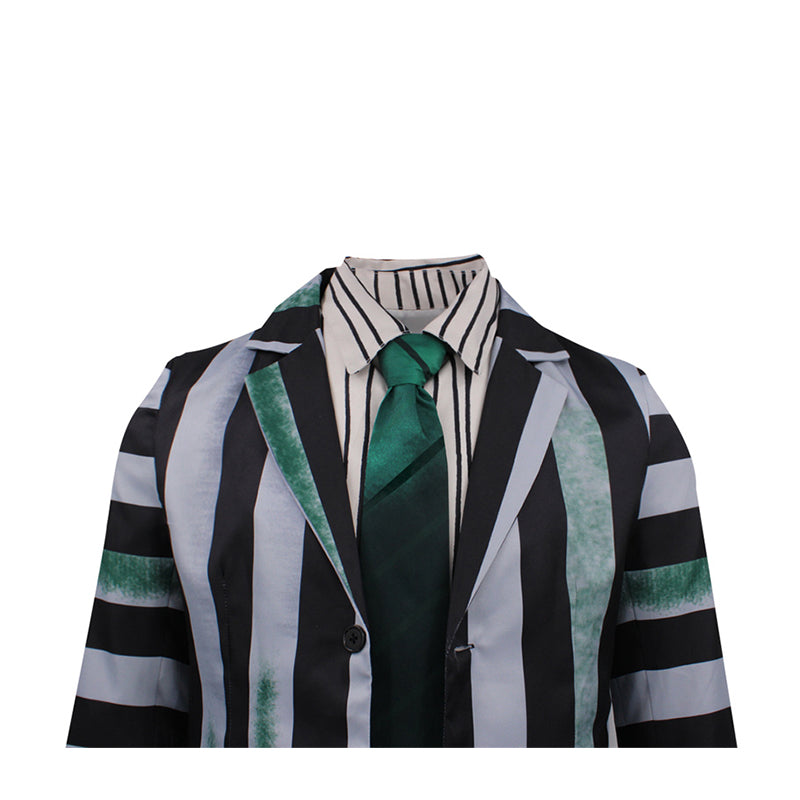 Beetlejuice Gray Green and Black Striped Suit Halloween Party Cosplay Costume