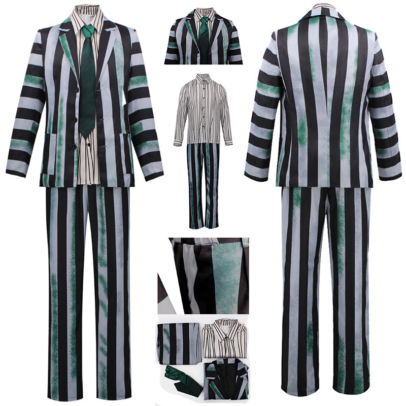 Beetlejuice Gray Green and Black Striped Suit Halloween Party Cosplay Costume