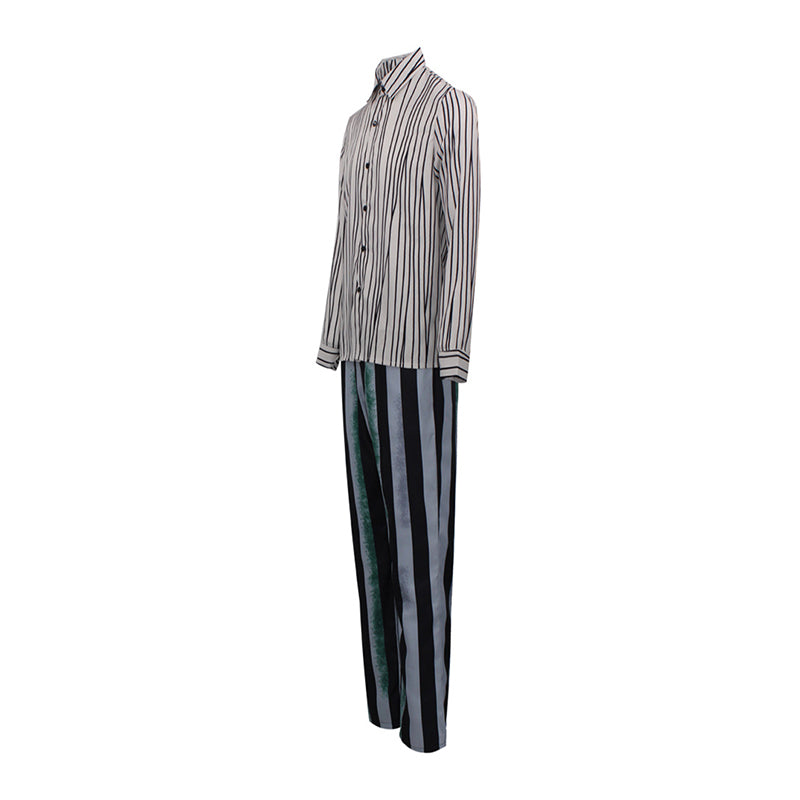 Beetlejuice Gray Green and Black Striped Suit Halloween Party Cosplay Costume