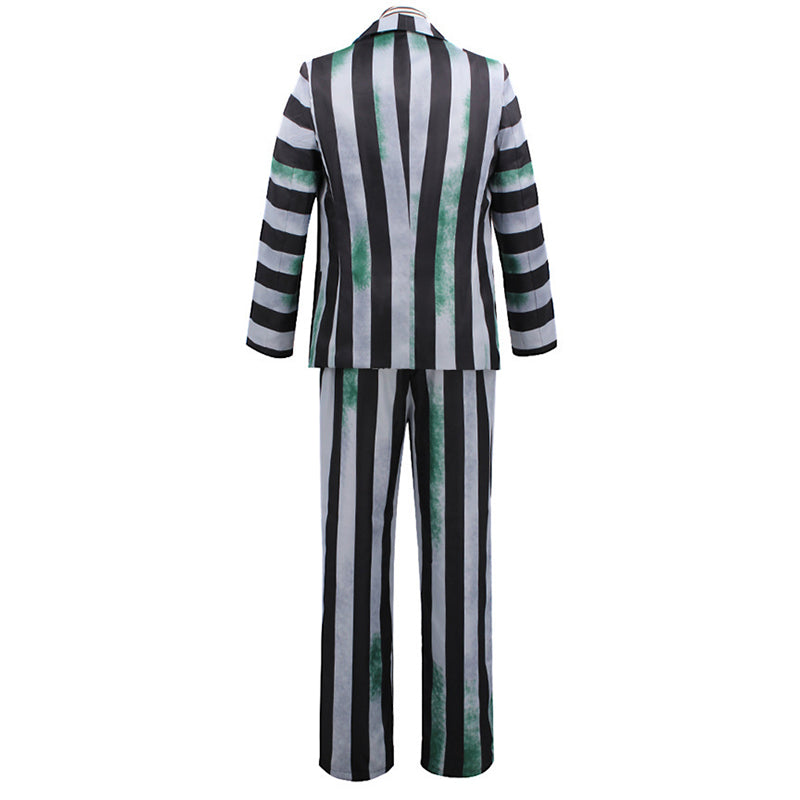 Beetlejuice Gray Green and Black Striped Suit Halloween Party Cosplay Costume