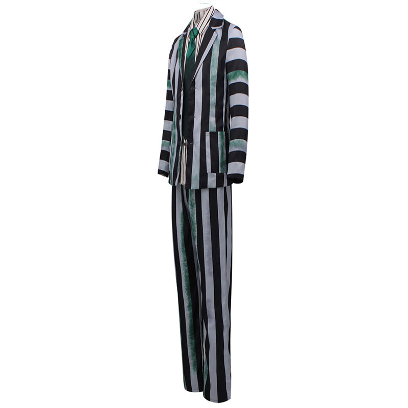 Beetlejuice Gray Green and Black Striped Suit Halloween Party Cosplay Costume