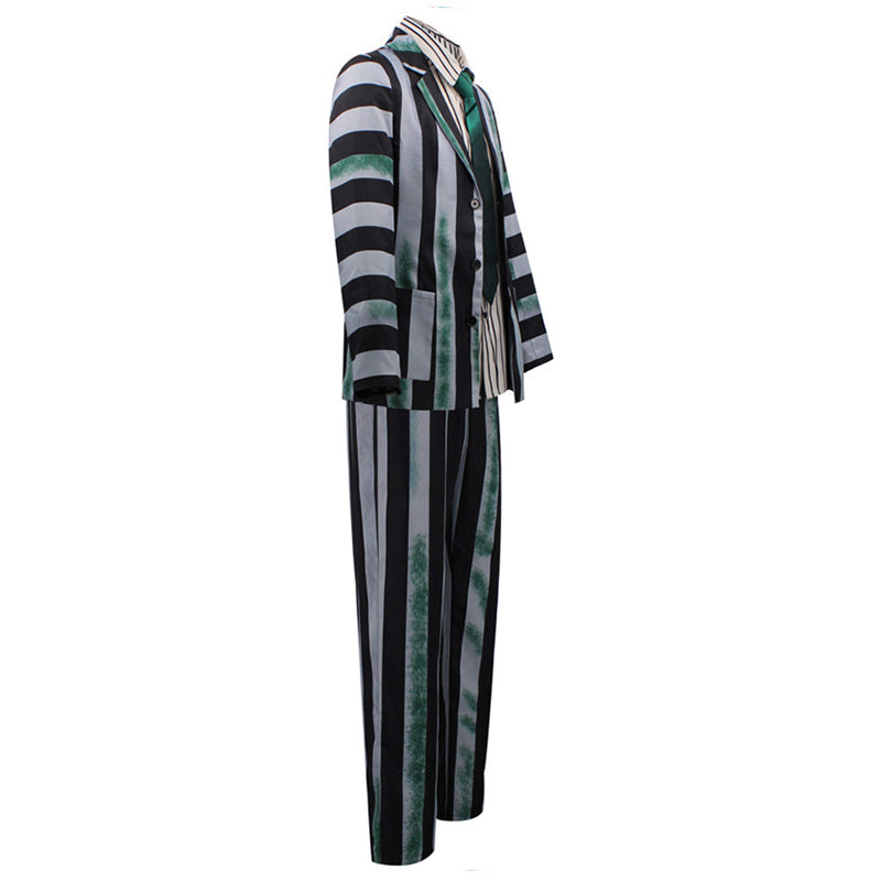 Beetlejuice Gray Green and Black Striped Suit Halloween Party Cosplay Costume