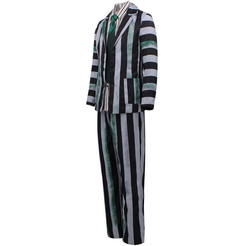 Beetlejuice Gray Green and Black Striped Suit Halloween Party Cosplay Costume