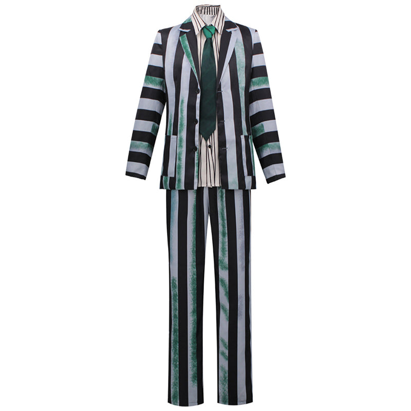 Beetlejuice Gray Green and Black Striped Suit Halloween Party Cosplay Costume