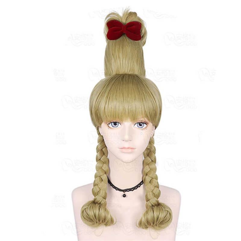 Xmas Cindy Lou Who Wig Christmas Cindy Whoville Blonde Braid Wig with Bow ACcosplay